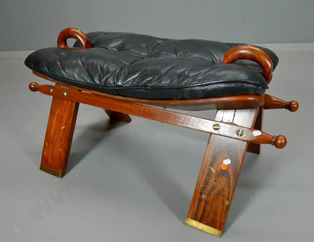 camel seat/stool with black leather upholstery, brass inlay detail H-400 W-750 L-340 Image 1++