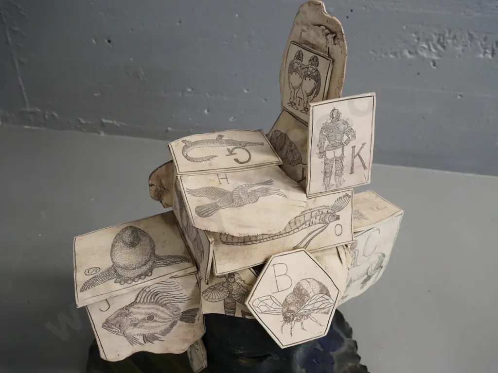 ceramic sculpture, marked WLS on base - head with ceramic alphabet stamp 'cards' H-440 W-370 Image 1++