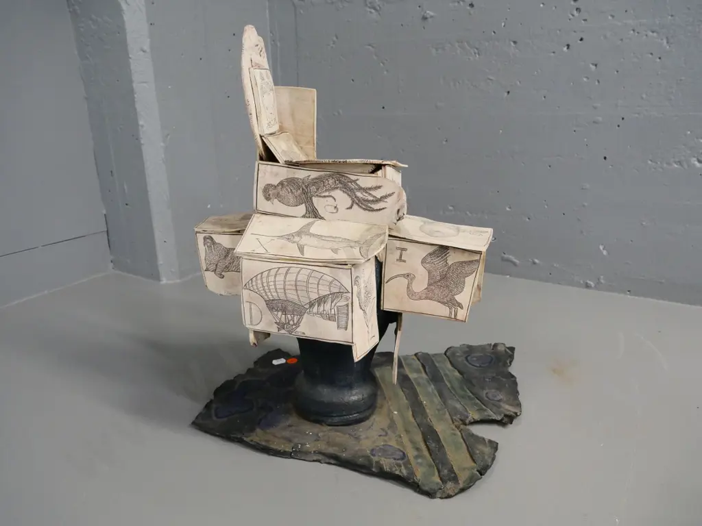 ceramic sculpture, marked WLS on base - head with ceramic alphabet stamp 'cards' H-440 W-370 Image 1++