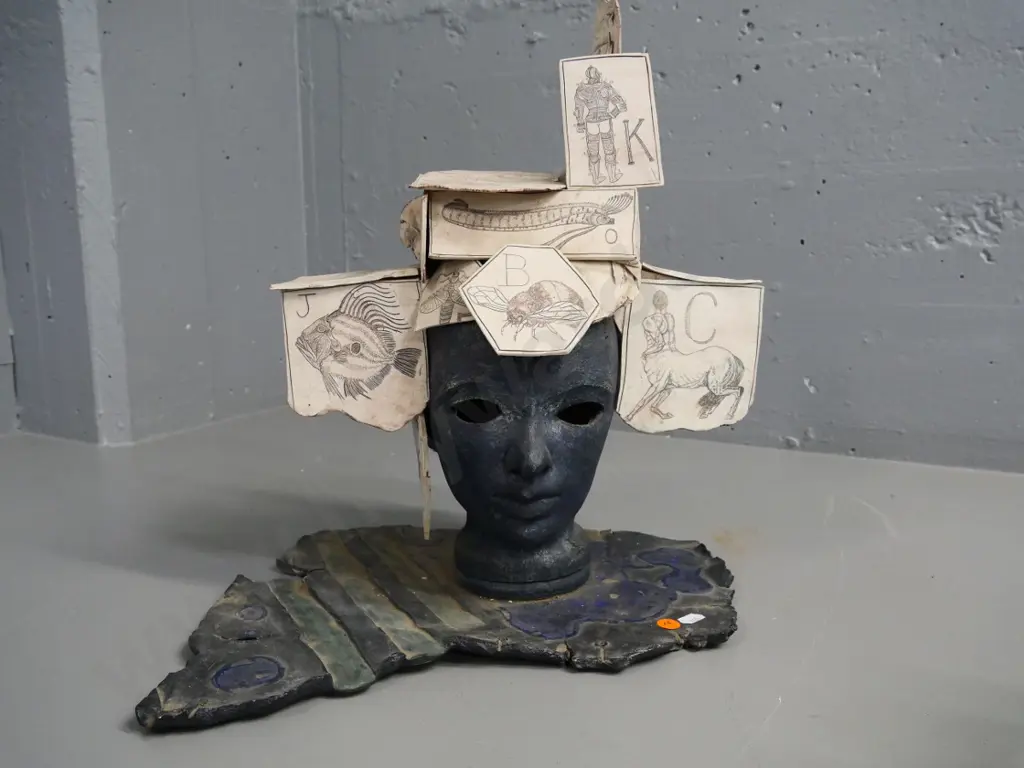 ceramic sculpture, marked WLS on base - head with ceramic alphabet stamp 'cards' H-440 W-370 Image 1++