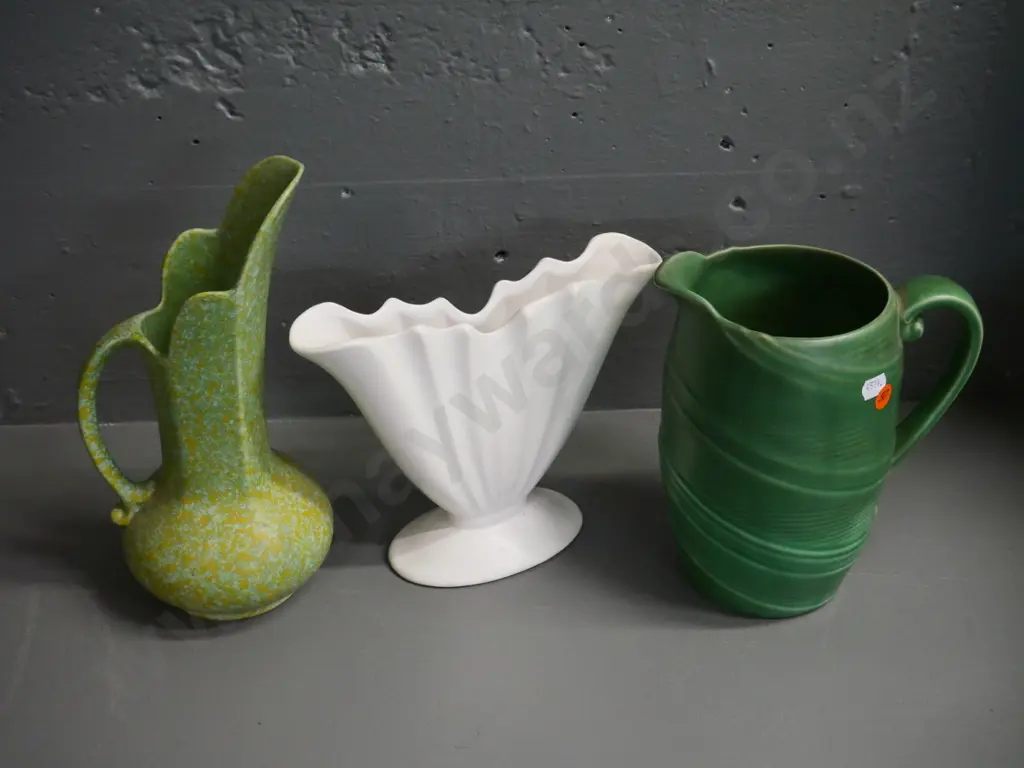 Sylvac and Crown Devon green jug vases and a white vase marked BCH. Crown Devon is H-280 Image 1++