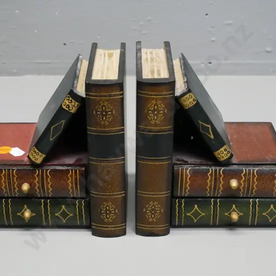 pair of wooden book theme book-ends each with 2 small drawers H-150 W-150