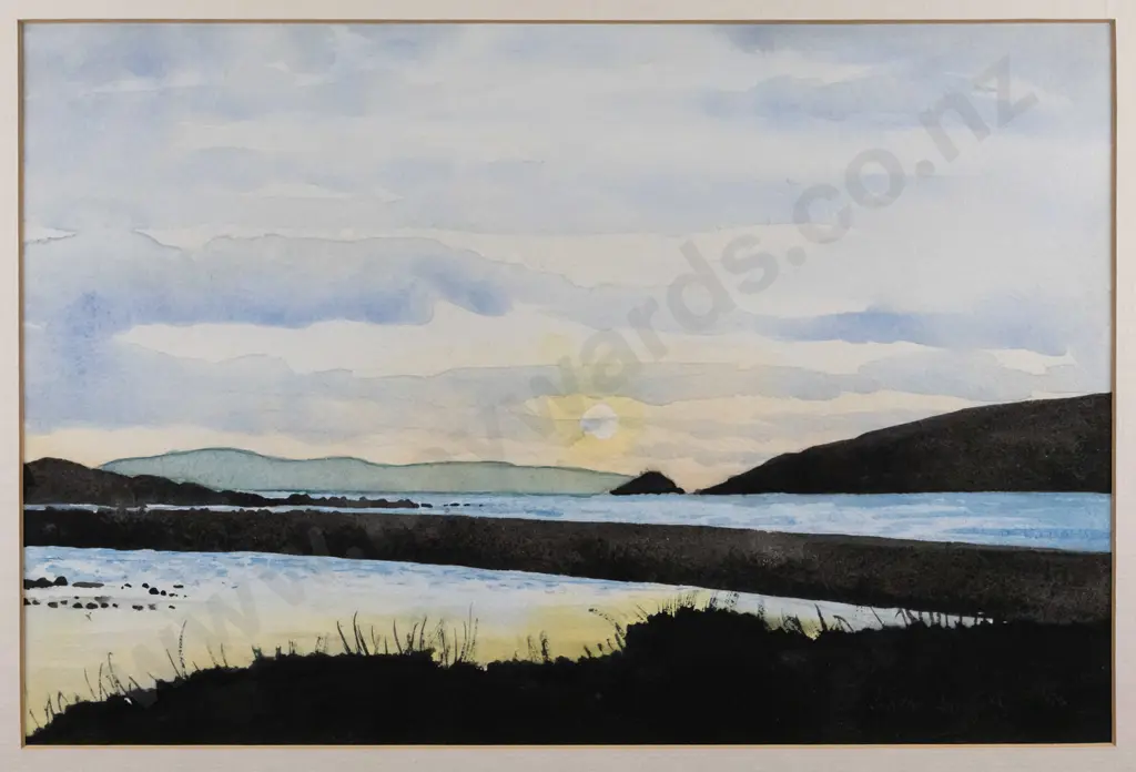 Elizabeth Leatherbarrow 1995 - mounted watercolour "Waikanae River Mounth - Sunset" H-235 W-355 Image 1++