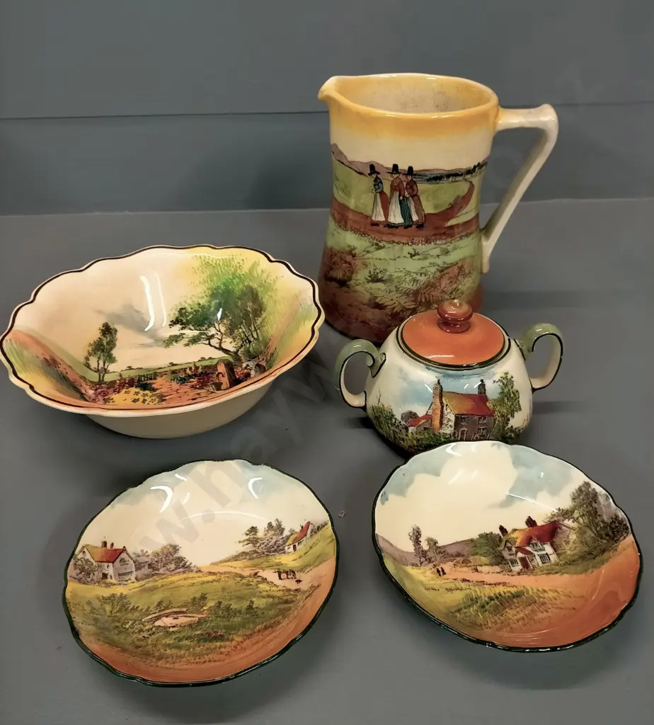 5 pieces of Royal Doulton - large Welsh Ladies jug, Garden Path serving bowl, 3 pieces of Country Cottage ware Image 1++