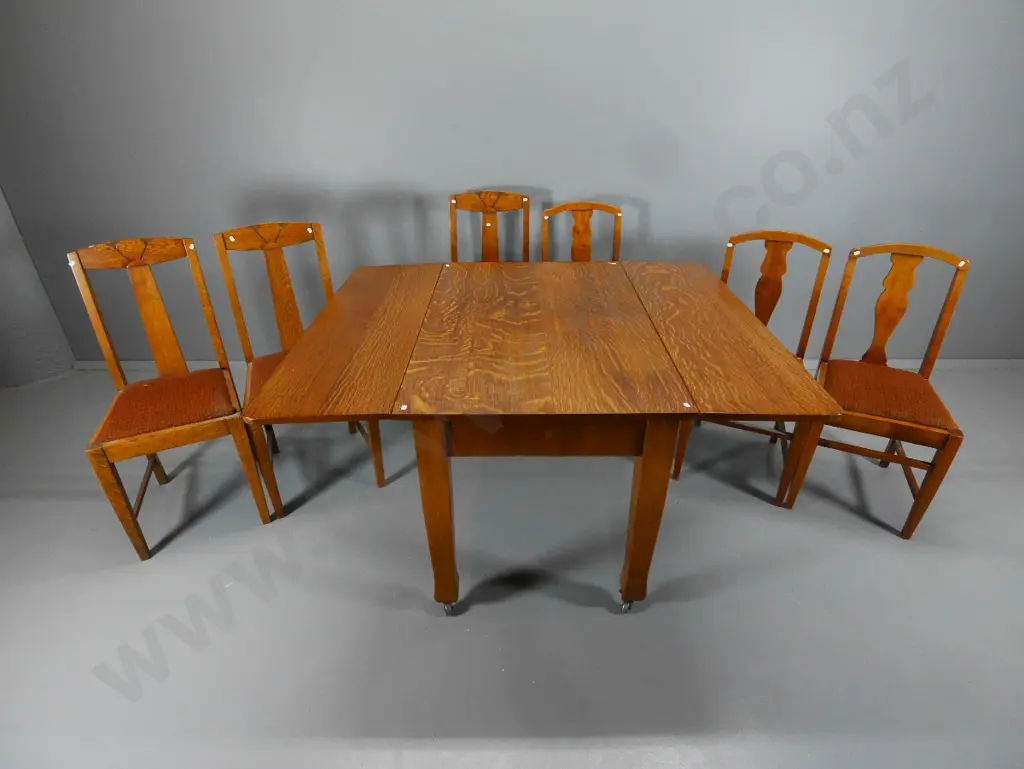 deco oak drop side dining table on casters, 6 chairs w/moquette upholstered seats H770 W1070 L1400 leaves up, 740 down Image 1++