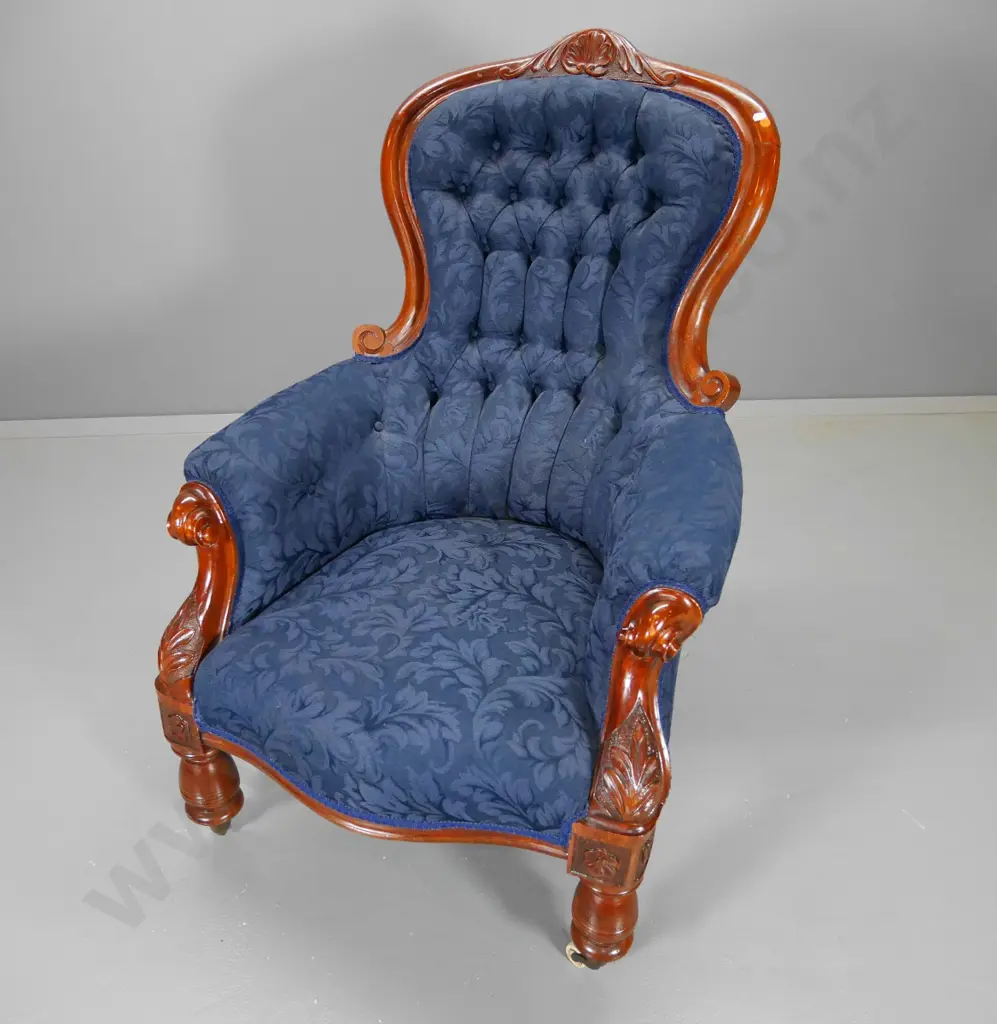 Victorian mahogany carved back armchair w/deep-button back, blue damask, porcelain casters H1060 W700 D750 Image 1++