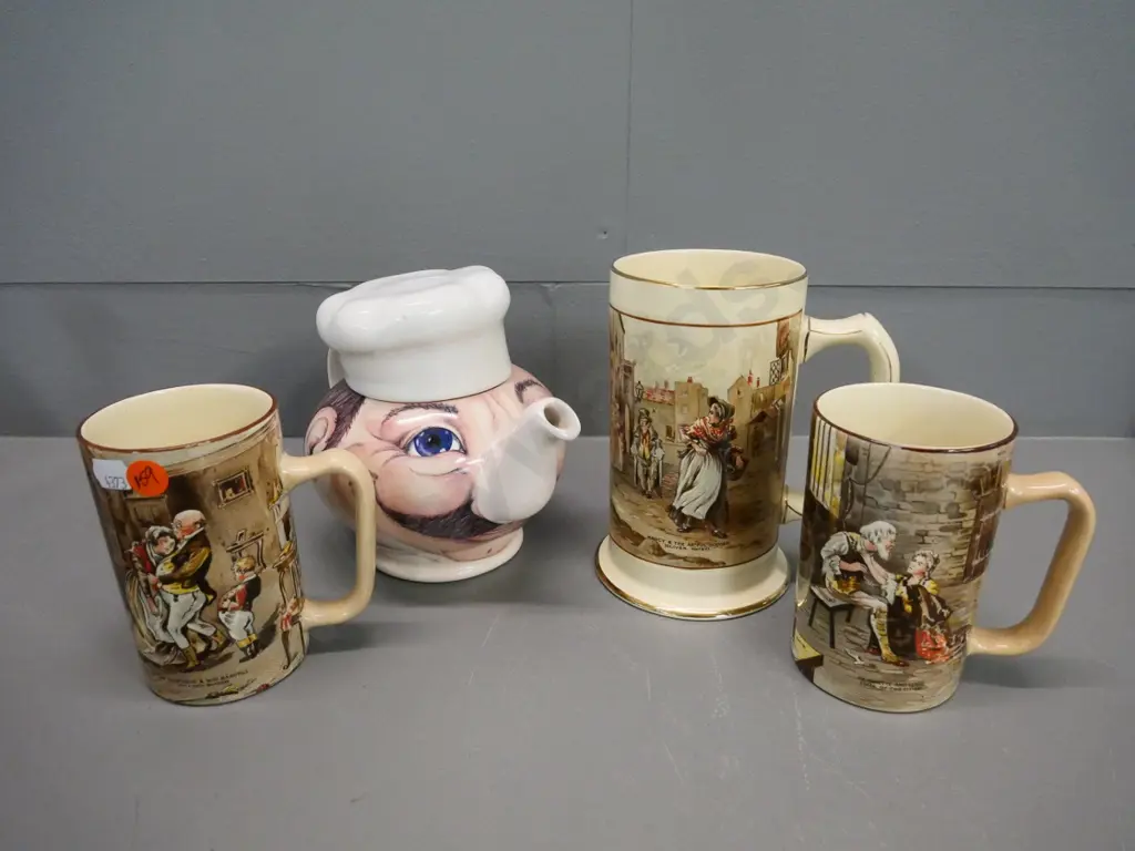 3 Newhall Dickens mugs, taller is H-150, and a Sadler Charlie Cook teapot Image 1++