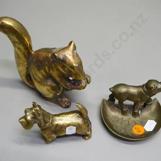 3 brass items - Scottie dog, squirrel H-110, and bulldog ashtray