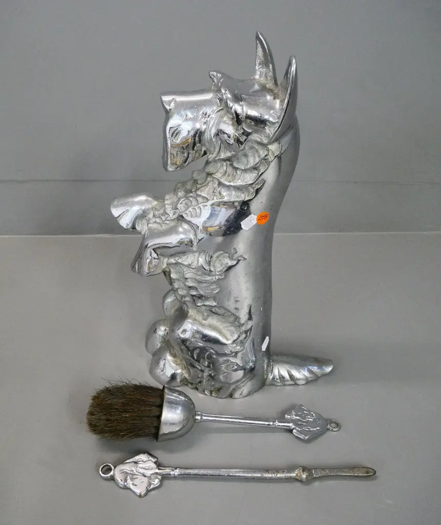 chrome Scottie dog fireside set with 2 tools - poker and brush with hound head motif H-390 Image 1++