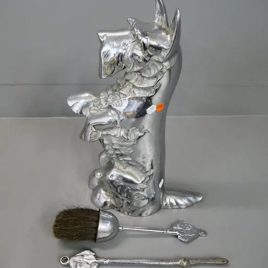 chrome Scottie dog fireside set with 2 tools - poker and brush with hound head motif H-390