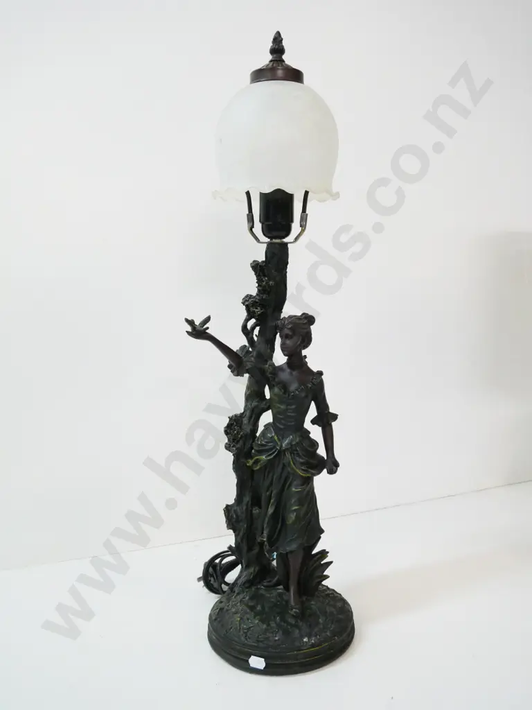 reproduction metal-look composite figural table lamp with frosted glass shade H-680 Image 1++