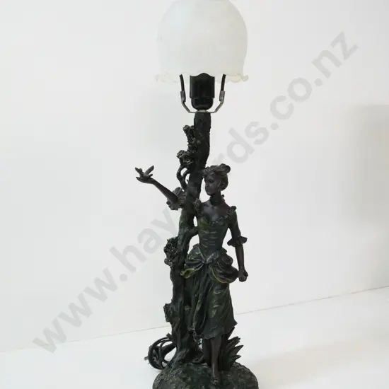 reproduction metal-look composite figural table lamp with frosted glass shade H-680