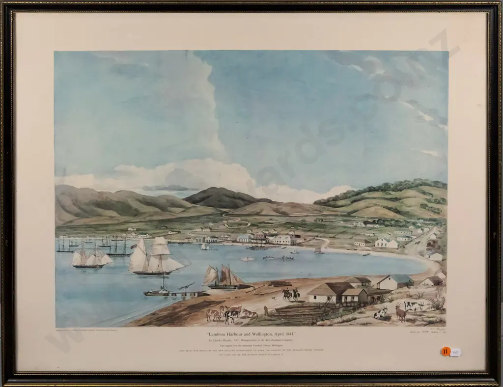 framed historic print "Lambton Harbour and Wellington April 1841"  H-420 W-580 Image 1++