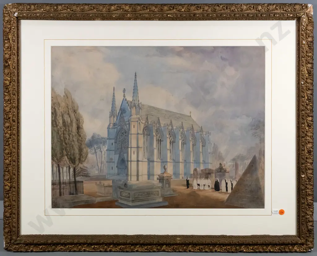 gilt framed ink and watercolour - funeral procession (slight foxing and damage to frame) H-400 W-530 Image 1++