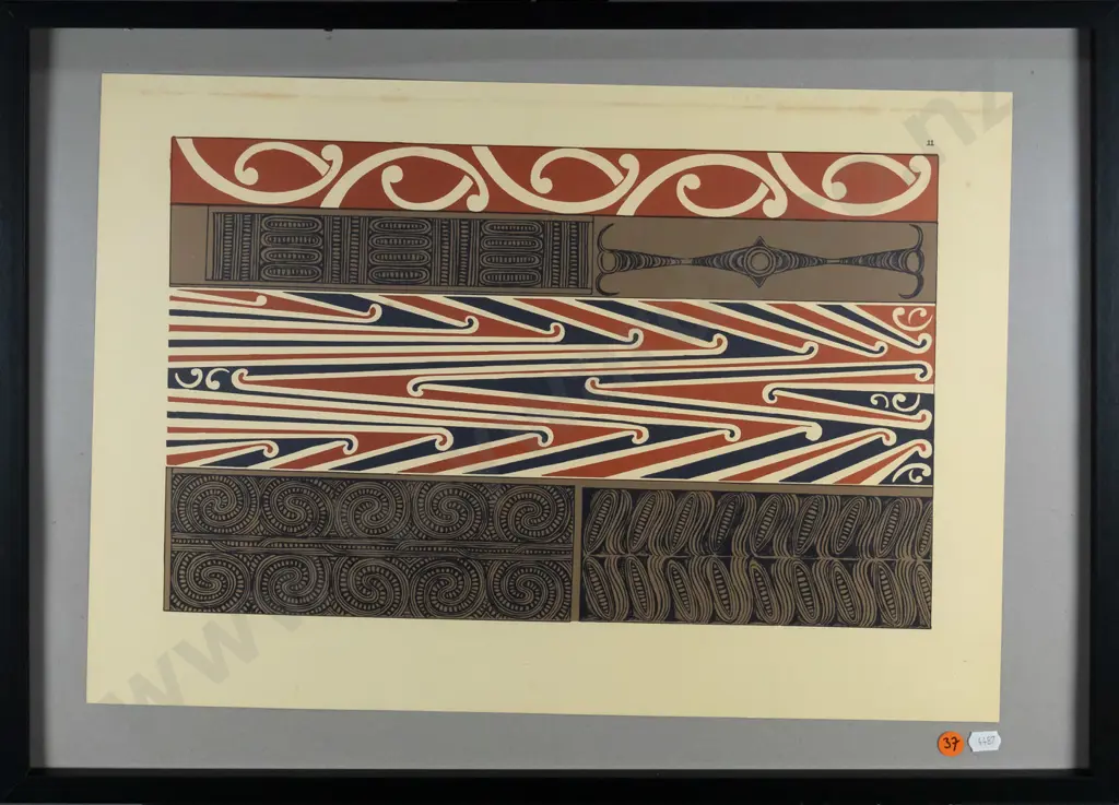 framed reproduction John Henry Menzies print - Maori designs (some foxing) H-260 W-420 Image 1++