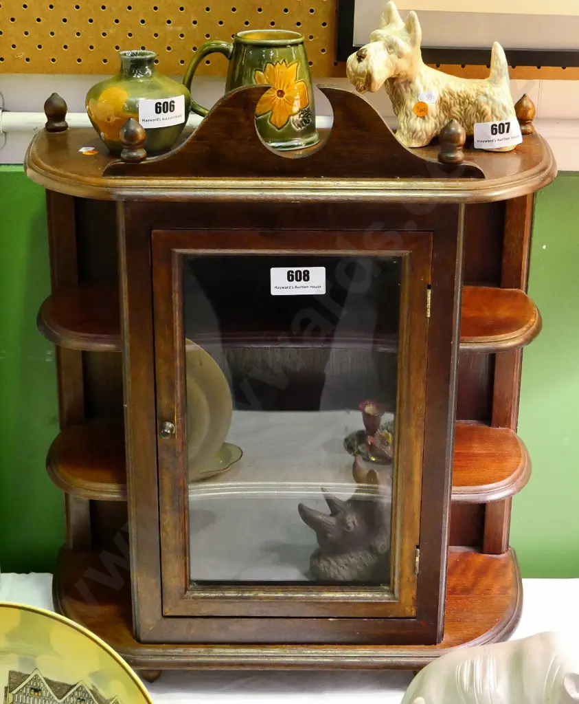small mahogany wall-hanging cupboard - 3 shelves, single glazed door, pediment top H600 W500 D210 Image 1++