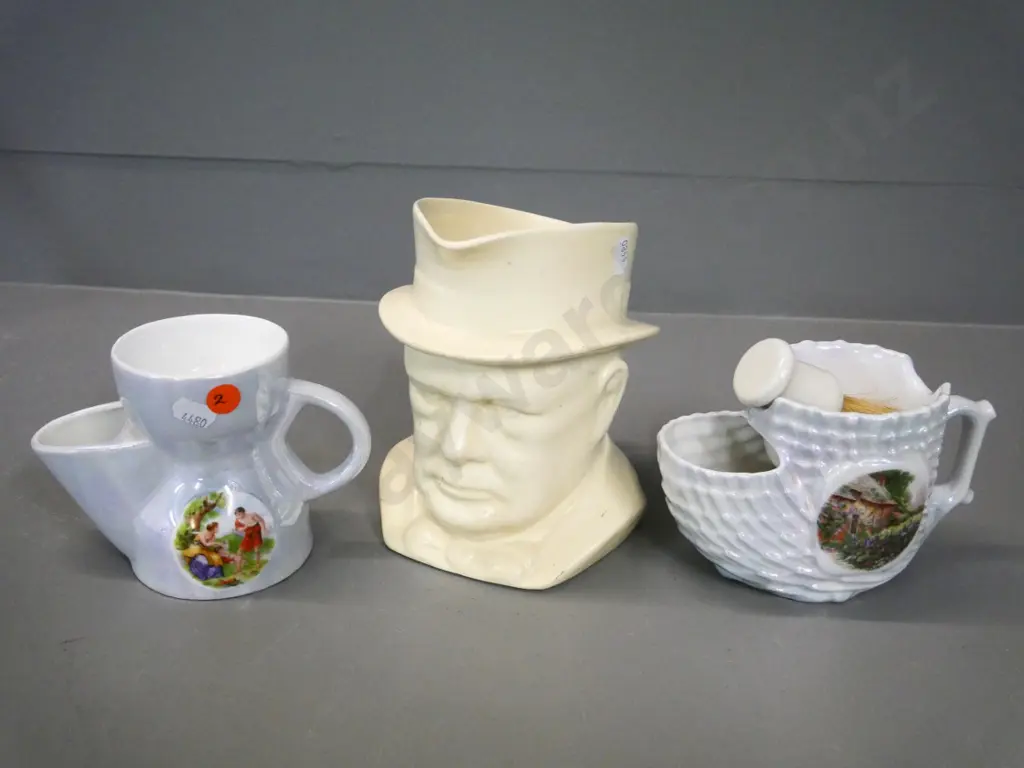 J&G Meakin Churchill large character jug H-150 and 2 European lustre shaving mugs, one with brush Image 1++