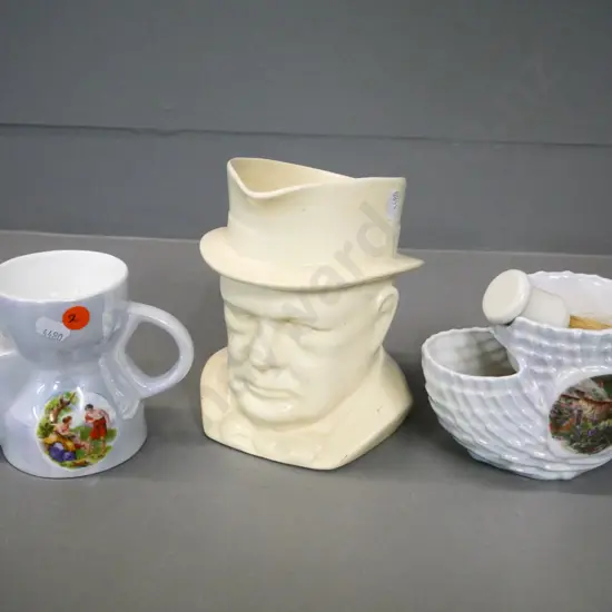 J&G Meakin Churchill large character jug H-150 and 2 European lustre shaving mugs, one with brush