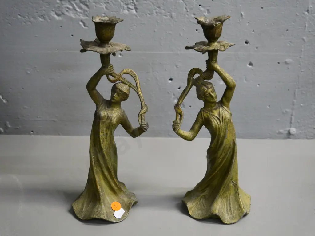 pair of vintage spelter candle holders with aged brass finish, both have some damage H270 Image 1++