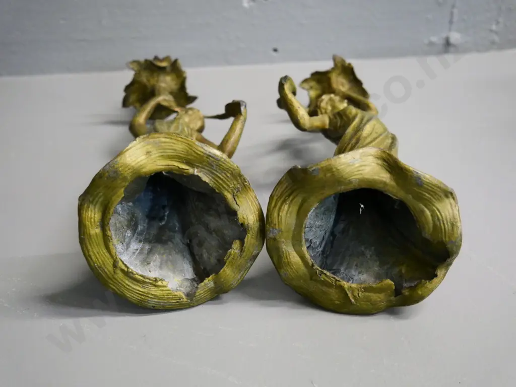 pair of vintage spelter candle holders with aged brass finish, both have some damage H270 Image 1++