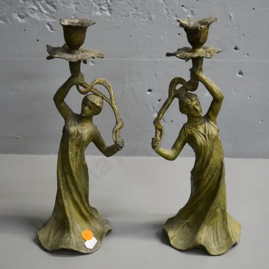 pair of vintage spelter candle holders with aged brass finish, both have some damage H270