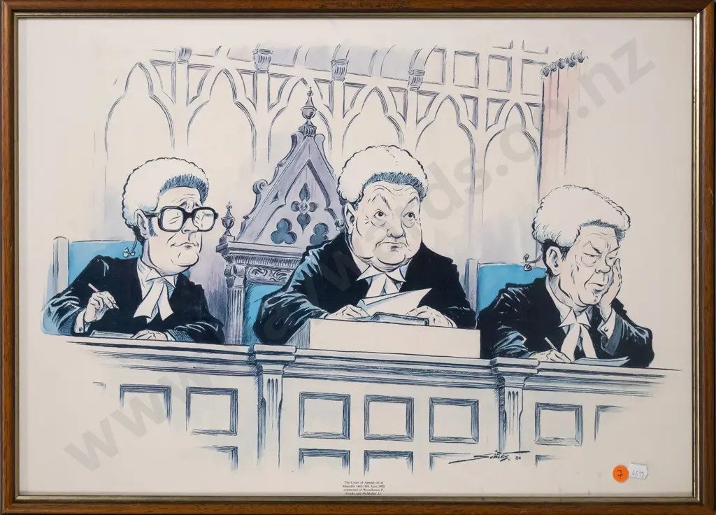 Sid Scales courtroom print - Court of Appeal Dunedin 1982, Woodhouse P, Cooke and McMullin JJ H-410 W-580 Image 1++