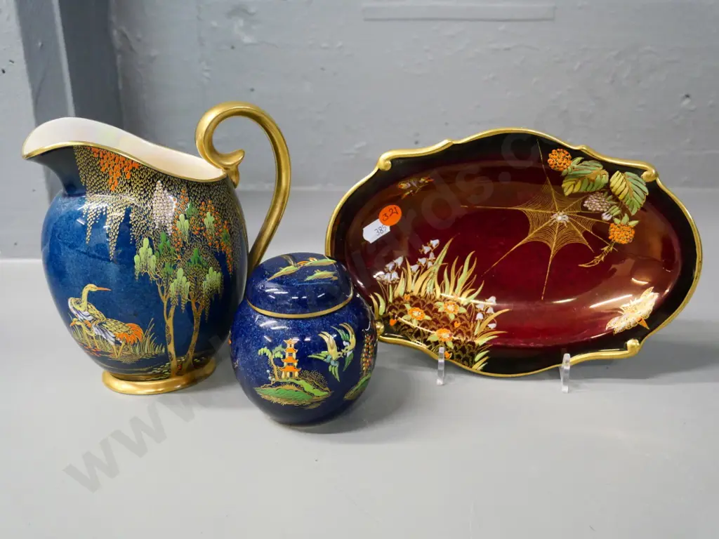 3 pieces of Carlton Ware - Rouge Royale spider web sweet dish and Bleu Royale jug H-150 and lidded pot Image 1++
