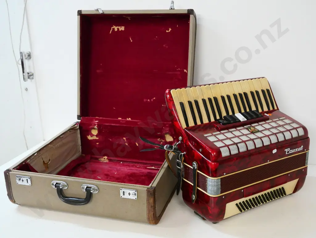 Parrot piano accordion with hard case - case has wear and tear Image 1++