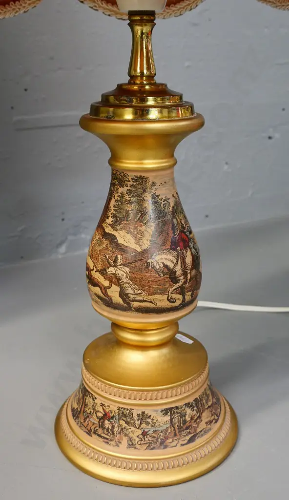 ceramic table lamp with gold finish and antique style print H-560 including shade Image 1++