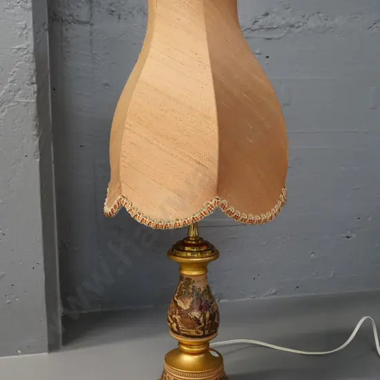 ceramic table lamp with gold finish and antique style print H-560 including shade