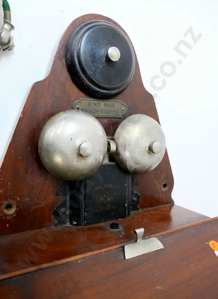 antique wall-mount wood-cased telephone - Emil Moller Horsens - damage and wear, handpiece repaired, borer. H-660  W-280 Image 1++