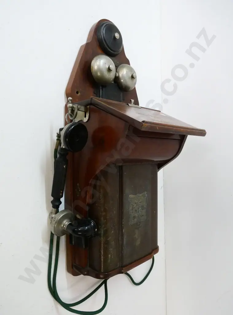 antique wall-mount wood-cased telephone - Emil Moller Horsens - damage and wear, handpiece repaired, borer. H-660  W-280 Image 1++