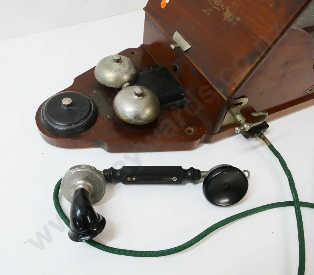 antique wall-mount wood-cased telephone - Emil Moller Horsens - damage and wear, handpiece repaired, borer. H-660  W-280 Image 1++