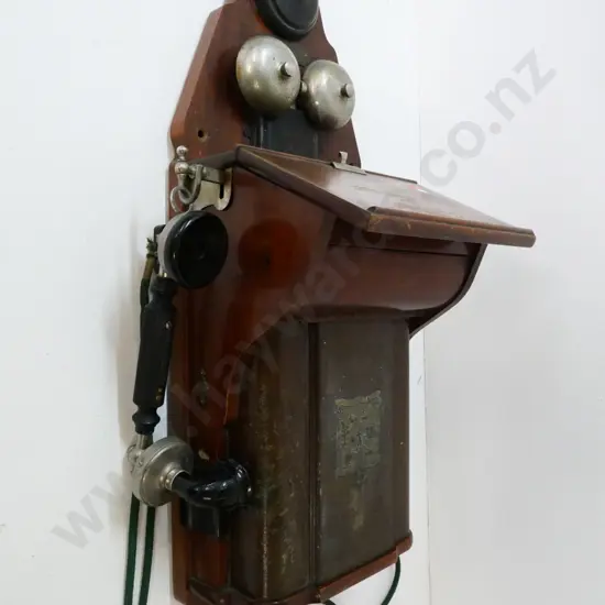 antique wall-mount wood-cased telephone - Emil Moller Horsens - damage and wear, handpiece repaired, borer. H-660  W-280