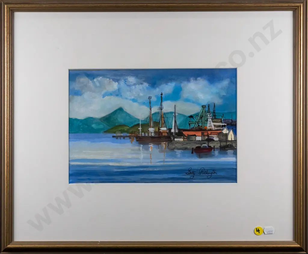 Betty Pilkington - framed ink and watercolour  - Dunedin harbour scene looking over to Hereweka H-180 W-270 Image 1++