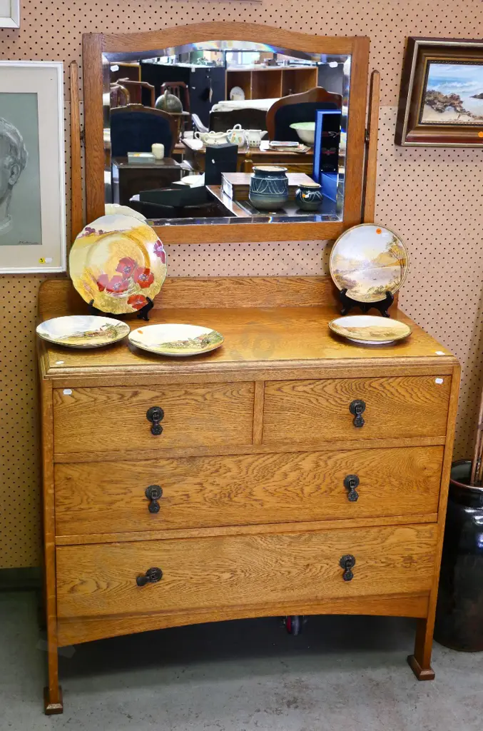 deco oak 4-drawer duchess with tilting bevelled edge mirror, cast metal drop handles H1530 W920 D440 Image 1++
