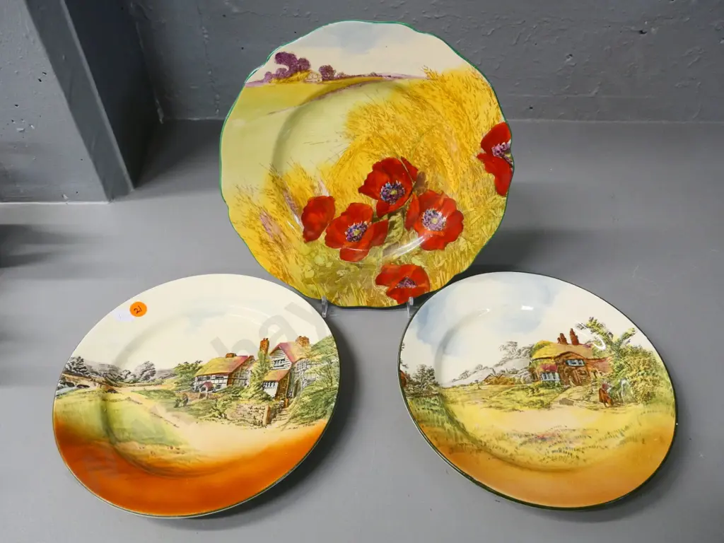 3 Royal Doulton plates - Poppies in the Corn Field D-240 and 2 English Cottages series Image 1++
