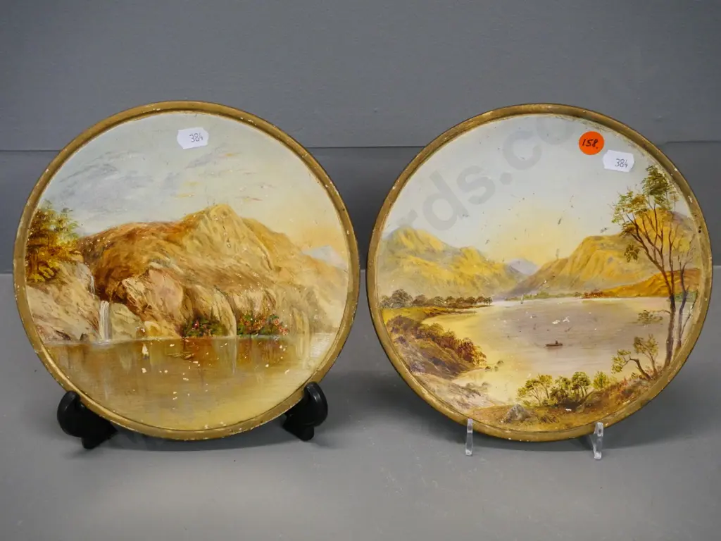 pair of early New Zealand colonial oil on porcelain painted plates - some loss of paint D200 Image 1++