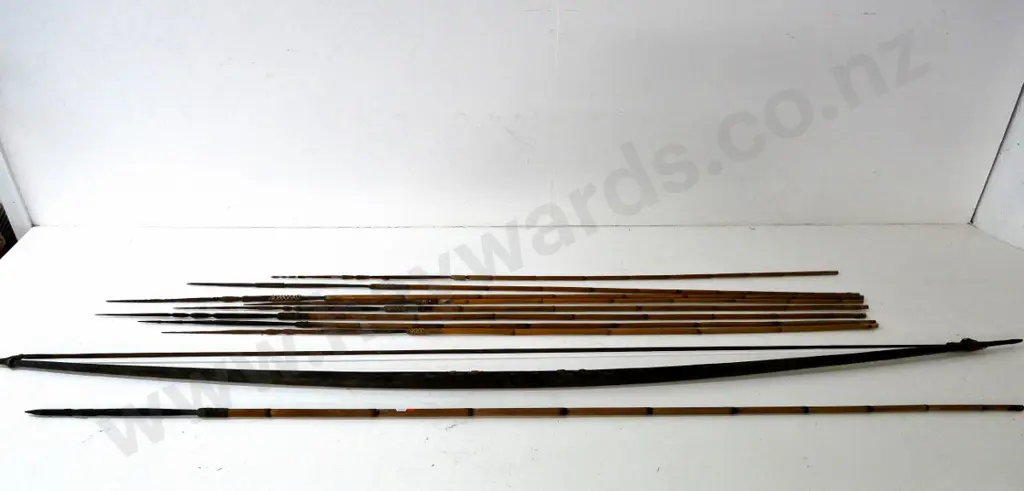 tribal style carved bamboo spear, bow and arrows - bow is L1830 Image 1++