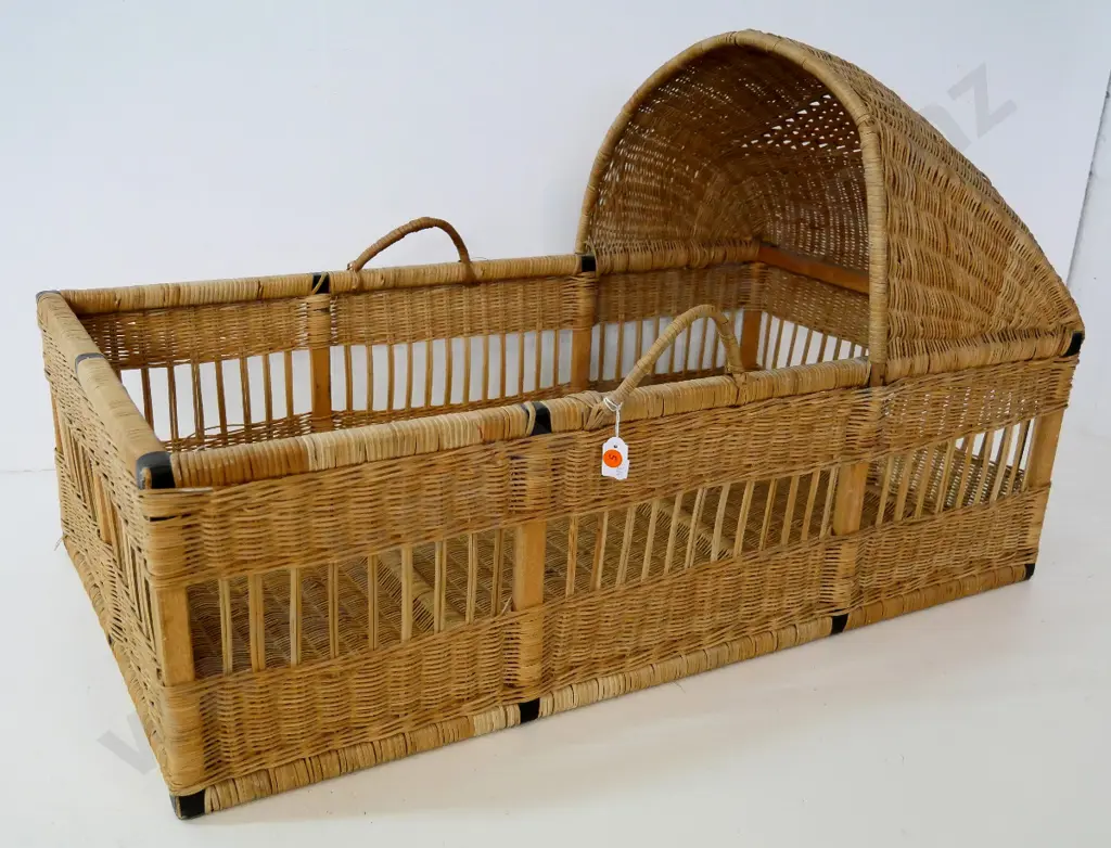 vintage wood, leather and cane bassinet - some cane loosening near handles H-550 L-840 W-470 Image 1++