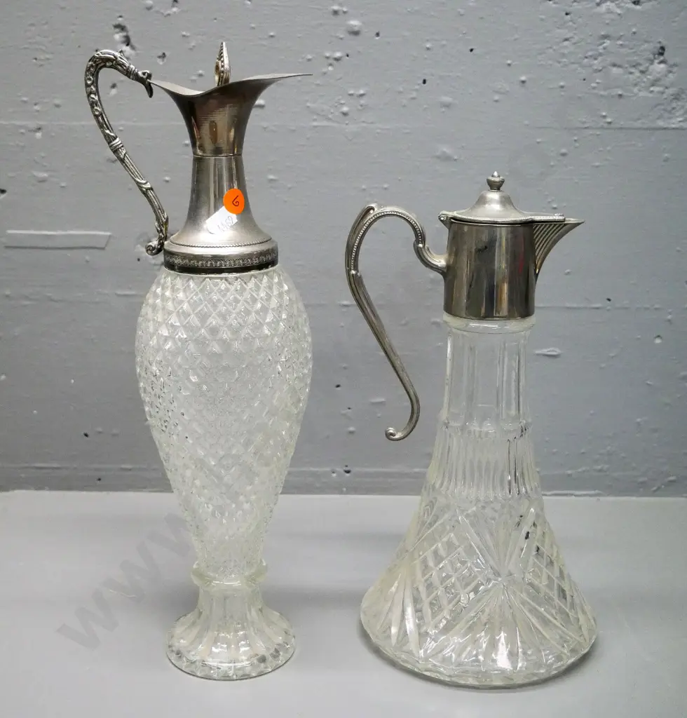 2 glass silver-plate mounted claret jugs, taller one H-350 Image 1++