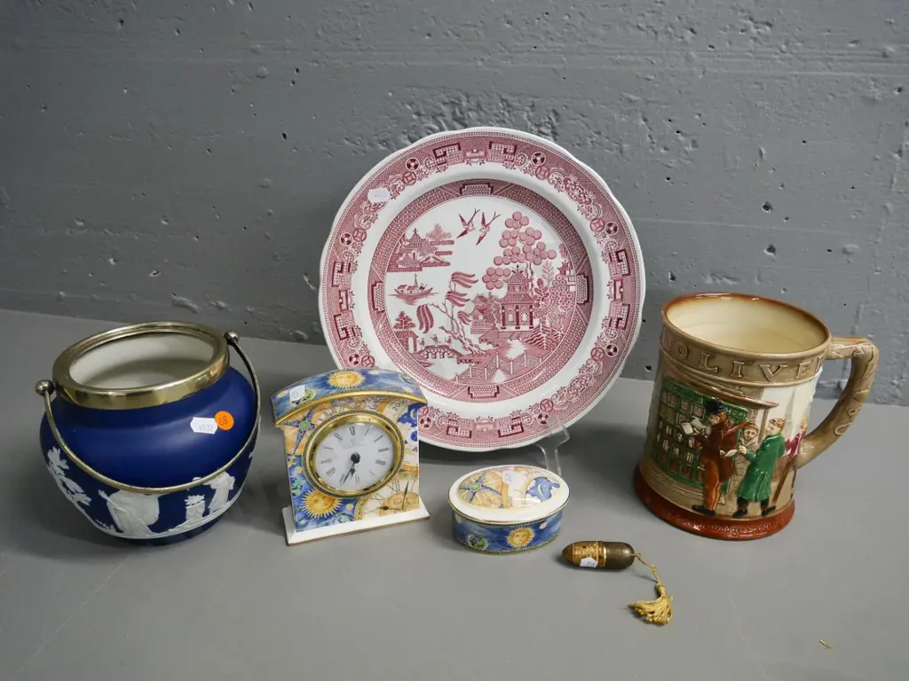 assorted china items - Spode plate, Royal Doulton Millennium clock & trinket, Wedgwood biscuit barrel, no lid, etc. Image 1++