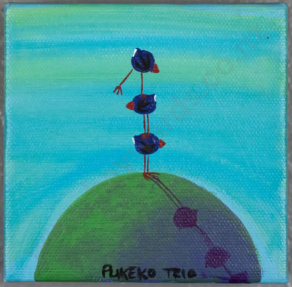 illegible signature - boxed acrylic "Pukeko Trio" H-100 W-100 Image 1++