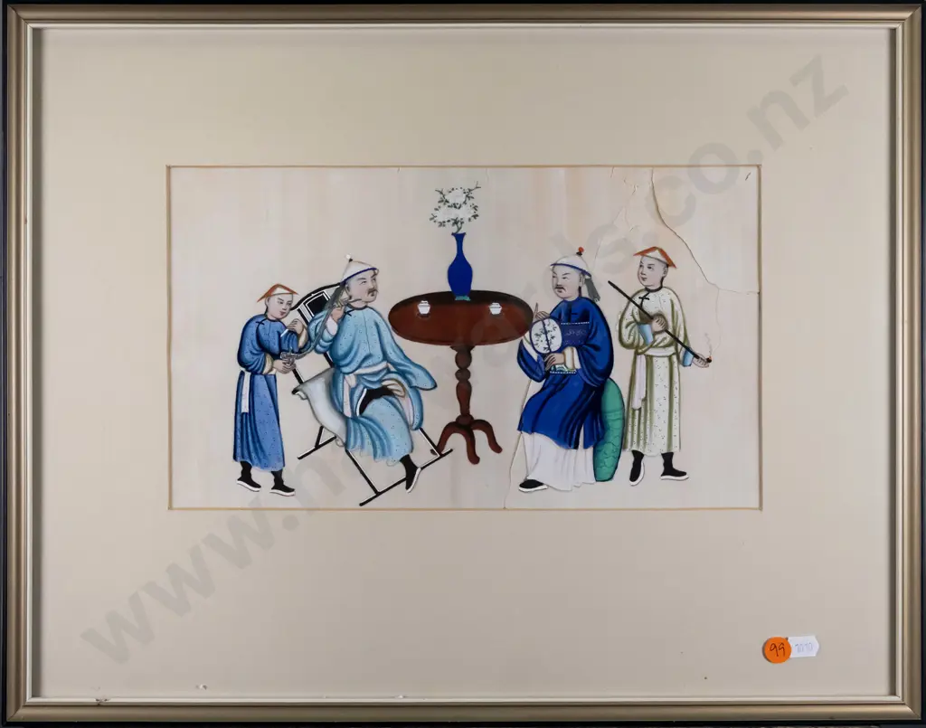 framed oriental watercolour - men around table (rips to paper) H-180 W-310 Image 1++