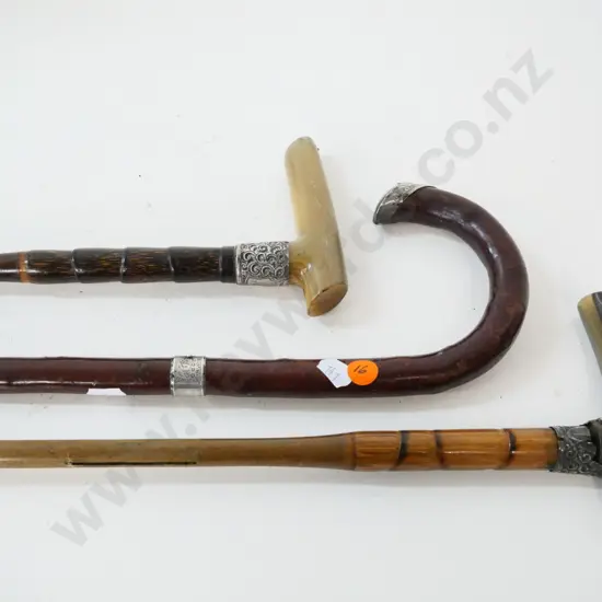 3 vintage walking sticks with sterling silver mounts, 2 horn-handled, all have damage to silver