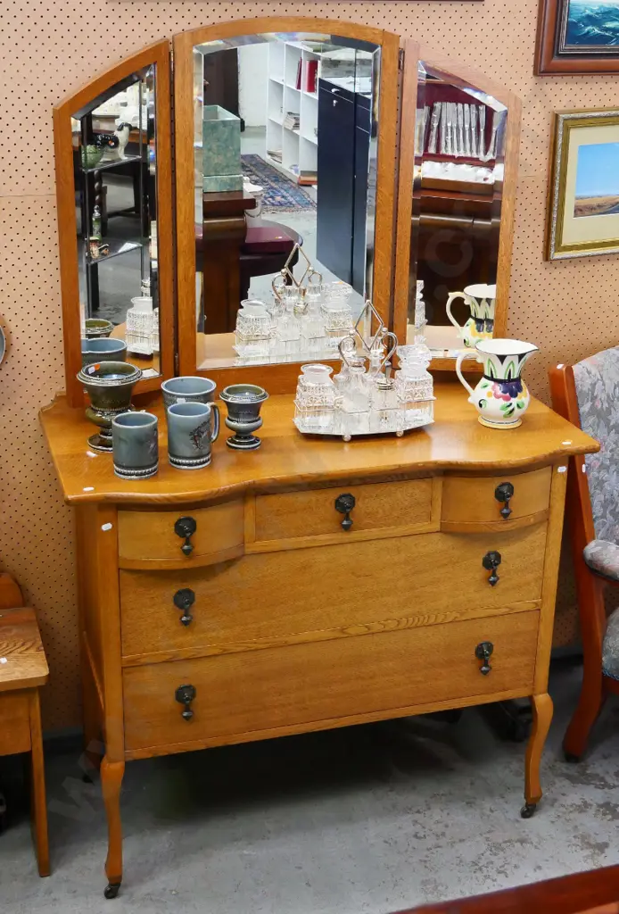 deco oak 5-drawer dressing table with winged bevelled mirror, original drop handles H-1690 W-1060 D-520 Image 1++