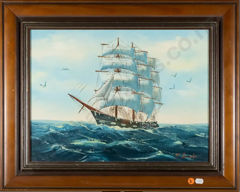 illegible signature - framed oil - sailing ship H-290 W-390 Image 1++
