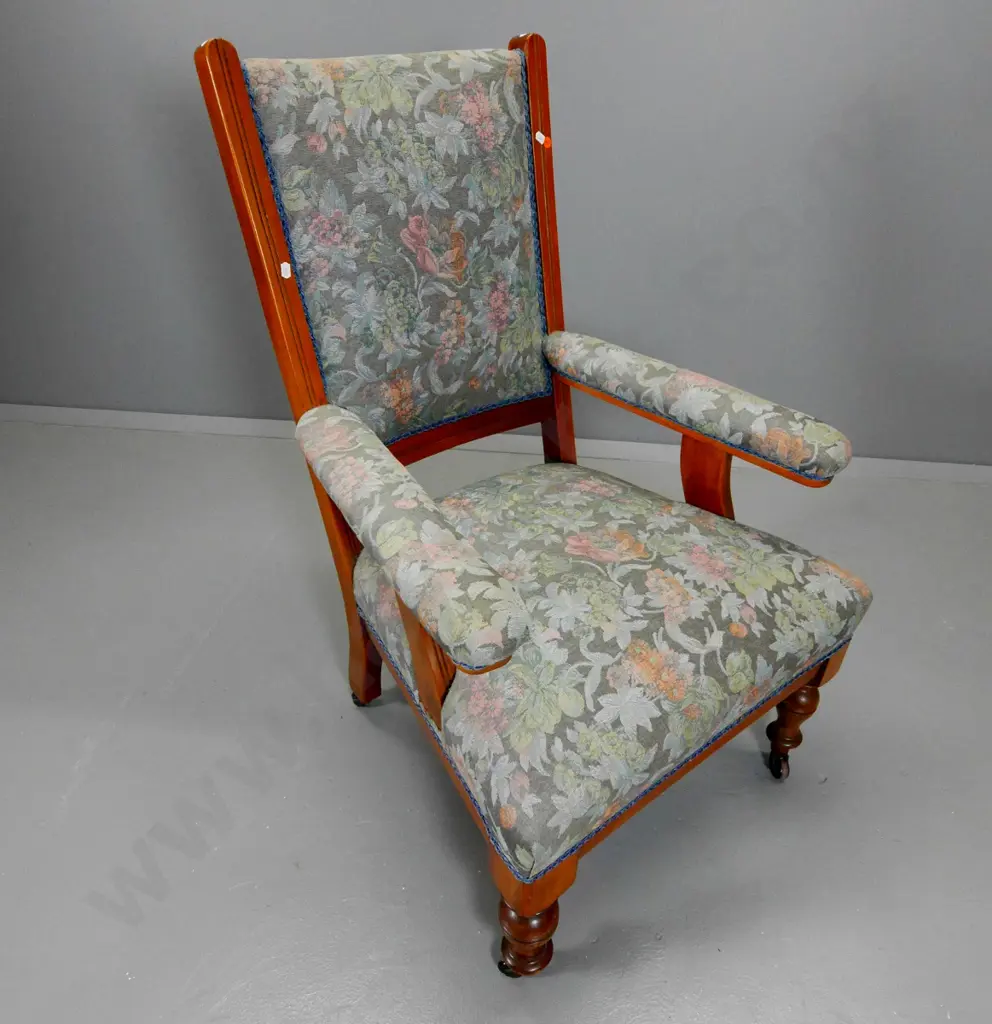 Edwardian armchair with tapestry upholstered seat, back and arms, on casters H990 W650 D560 Image 1++