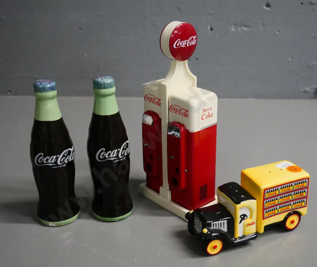 3 Coca-Cola salt & pepper sets - van, bottles, and petrol pump and stand Image 1++