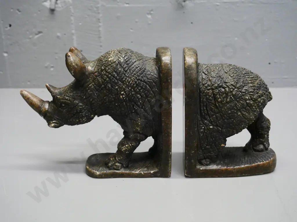 pair of heavy carved stone rhinoceros book-ends H-160 Image 1++